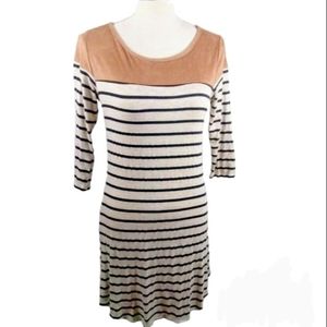 🔥4/$20 My Beloved Suede AccentT-Shirt Dress XS Striped Brown Quarter Sleeve